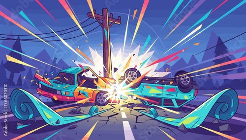Dramatic and vibrant illustration of a car crash, depicting two colorful vehicles colliding violently with a utility pole, resulting in distorted wreckage and a spectacular explosion of abstract