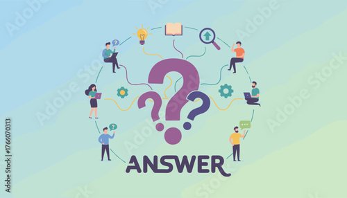 Conceptual illustration of people collaborating around a large question mark, symbolizing problem-solving, research, and finding answers, with icons for ideas, books, and search magnifying glass