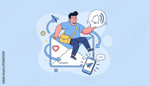 Vivid vector illustration concept of an email message, a happy man with a yellow messenger bag sitting inside a large envelope, holding a notification bell icon, with a smartphone showing a paper