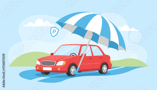 Vibrant vector illustration depicting a red car safely parked under a large blue and white striped umbrella, symbolizing comprehensive car insurance and protection against unforeseen events, with a