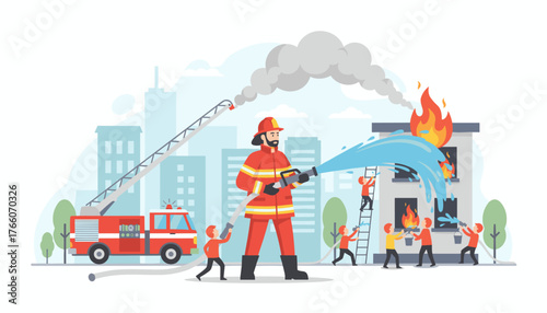 Vivid vector illustration depicting a fire emergency concept with firefighters bravely battling a blaze in a multi-story building, featuring a fire truck with a ladder, water hoses, and smoke