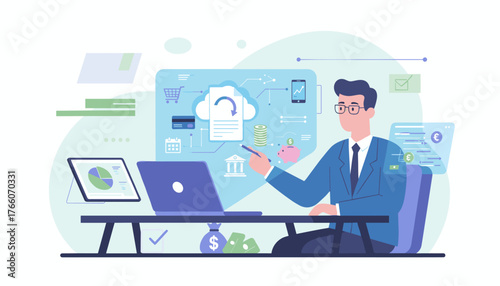 Modern digital finance concept with a businessman interacting with cloud-based online invoices, digital statements, and financial data visualizations on screens, highlighting e-invoicing and digital