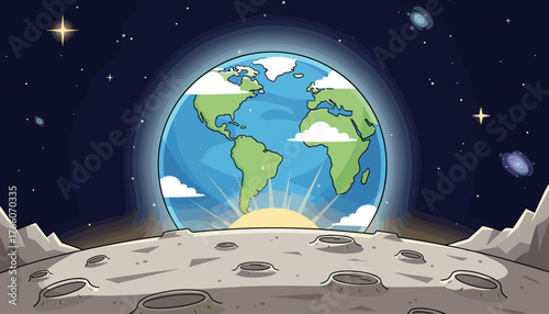 A breathtaking cartoon illustration captures the majestic Earth rising above the lunar horizon, showcasing its vibrant blue oceans, green continents, and fluffy white clouds against a star-studded