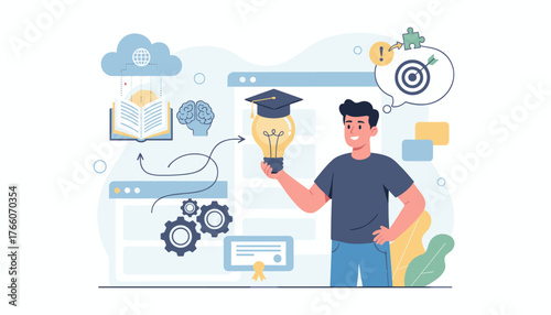 Elearning graduate certificate program concept: a smiling man holds a lightbulb with a graduation cap, symbolizing knowledge and innovation, against a backdrop of cloud computing, books, brain