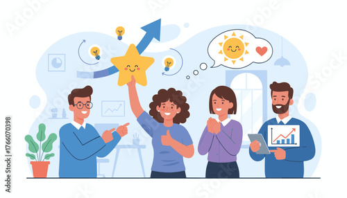 Diverse team celebrating success and workplace happiness with a golden star, thumbs up, and positive feedback, symbolizing achievement, motivation, and excellent performance in a modern office