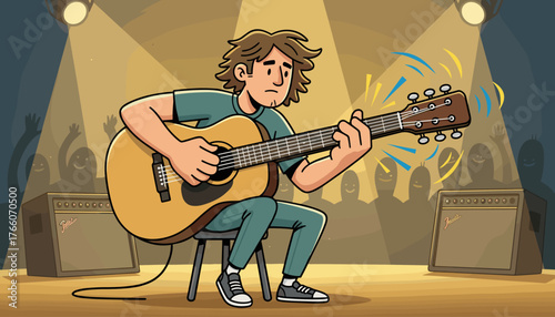 A young, anxious male guitarist performs live on a dimly lit stage, strumming an acoustic guitar with concentration, while a shadowy audience cheers him on, illuminated by spotlights and amplified by