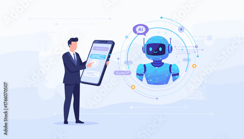 Modern AI chatbot concept with a businessman interacting with a virtual assistant on a smartphone, showcasing futuristic technology and artificial intelligence in communication and digital services