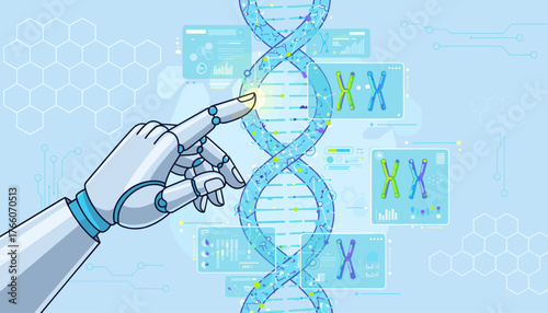 Advanced AI robot hand interacting with a glowing DNA helix, symbolizing genetic research, biotechnology, and the future of science with futuristic interface elements and chromosome displays