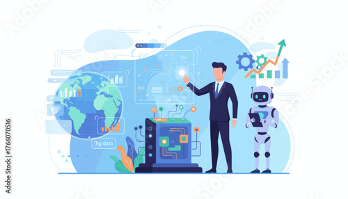 Futuristic business concept with a businessman interacting with advanced AI technology, a robot assistant, and global data analytics visualized on a digital interface, representing innovation and the