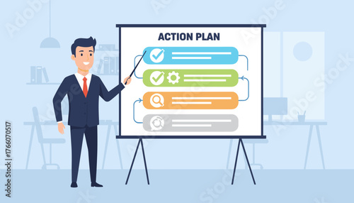 Dynamic business presentation featuring a confident businessman in a suit pointing to a whiteboard displaying a clear, step-by-step action plan with icons representing progress, research, and