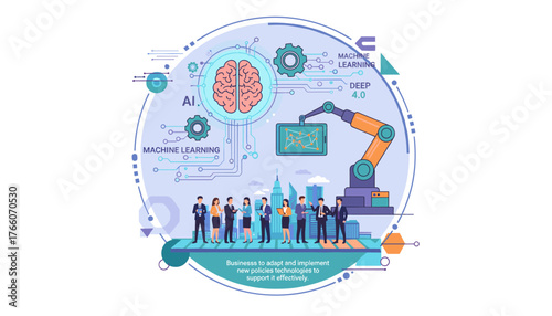 Vibrant illustration depicting the integration of artificial intelligence and machine learning in modern business, featuring a robotic arm, a digital brain, and a team of professionals collaborating