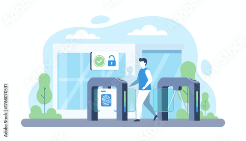 Modern flat vector illustration of an automatic access control system with a person using a fingerprint scanner to pass through a turnstile, symbolizing security and technology in buildings and