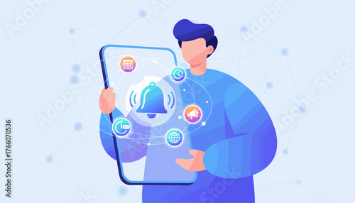 Vibrant illustration of a person holding a smartphone displaying a large, glowing notification bell icon, surrounded by smaller icons representing calendar, clock, megaphone, globe, and chat bubbles