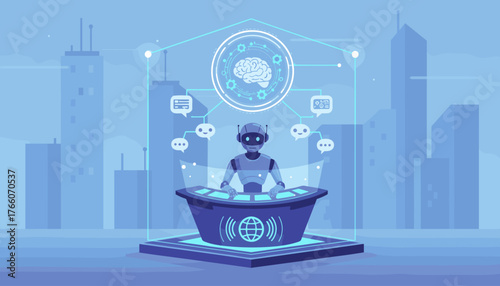 Futuristic AI technology concept with a robot chatbot interface, brain icon, and communication bubbles against a cityscape background, representing artificial intelligence, smart systems, and digital