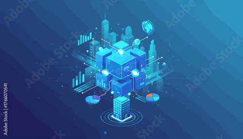 Abstract digital transformation concept with interconnected cubes, futuristic city skyline, data charts, and globe, representing AI, technology, and global business growth in a vibrant blue digital