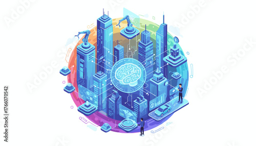 Futuristic AI-powered smart city concept with interconnected buildings, robotic arms, autonomous vehicles, and holographic displays, symbolizing advanced technology and artificial intelligence