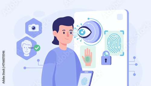 Modern flat vector illustration of a person undergoing biometric identification, featuring eye scanning, facial recognition, fingerprint scanning on a smartphone, and a padlock icon, symbolizing
