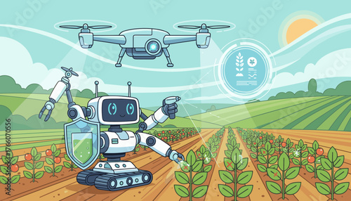 Smart agriculture concept with AI robot and drone monitoring crops, spraying pesticides, and analyzing data for precision farming, showcasing futuristic technology in a vibrant rural landscape under