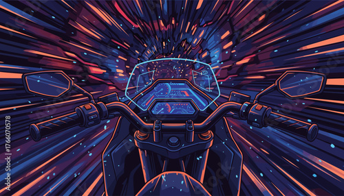 First-person perspective of a motorcycle rider speeding through a vibrant, abstract tunnel of light and color, showcasing the handlebars and futuristic digital dashboard with glowing gauges, evoking