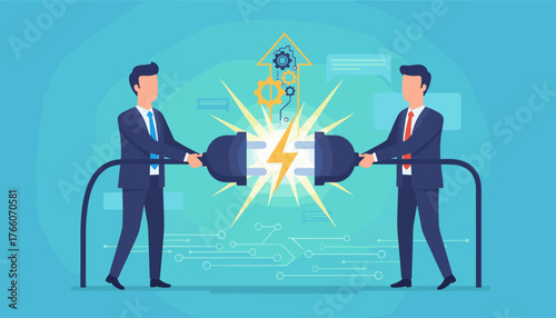 Business connection and teamwork concept, two businessmen in suits plugging in electrical connectors, symbolizing collaboration, partnership, and successful integration of ideas, with gears and