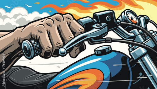 Close-up of a biker's hand firmly gripping the textured handlebar of a motorcycle, with the throttle and brake lever visible, set against a backdrop of vibrant flames, clouds, and a bright sky