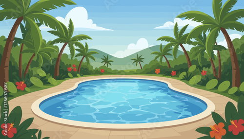 Vibrant cartoon illustration of a kidney-shaped swimming pool filled with sparkling blue water, surrounded by lush green palm trees and tropical foliage, with distant rolling hills under a bright