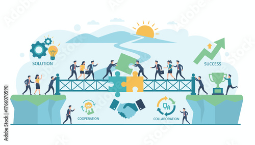 Conceptual illustration of building a business bridge, connecting people and ideas, symbolizing cooperation, collaboration, solution, and ultimate success with a trophy and upward trending graph.