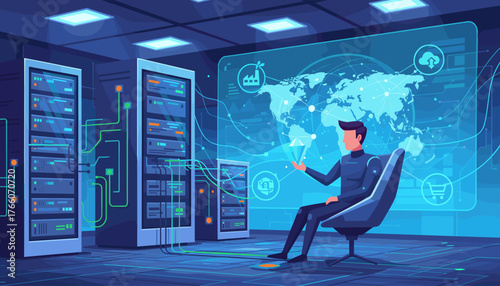 Chief engineer in a futuristic data center, overseeing global network connections and data flow on a holographic world map interface, symbolizing technology and connectivity.