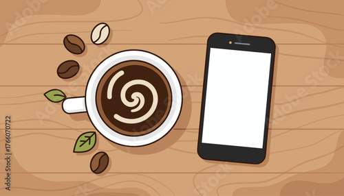 Overhead view of a steaming cup of coffee with a swirl pattern on its surface, surrounded by roasted coffee beans and fresh green leaves, placed next to a modern smartphone with a blank white screen