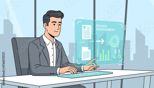 Modern businessman in a suit sitting at a desk, interacting with a futuristic holographic interface displaying invoice management data, charts, and financial symbols, representing digital business