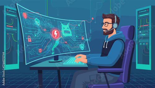 Cybersecurity expert monitoring a complex digital interface with security icons, server racks in the background, representing data protection and network security in a modern tech environment.