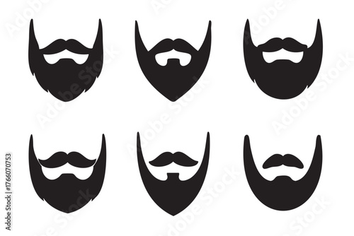 Six black silhouette icons of different beard styles with mustaches, arranged in two horizontal rows on a white background.
