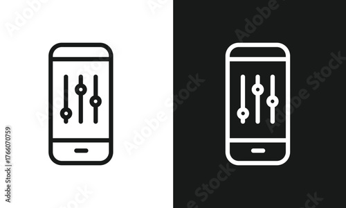 Smartphone Settings Icon, Mobile Phone with Equalizer Sliders, Minimalist Line Art for App Configuration, Audio Control, and UI Customization, Modern Vector Graphic, Black and White Versions.