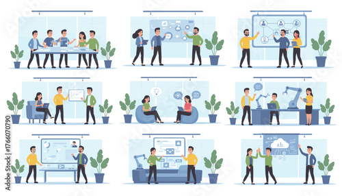 Digital business team concept mega set: Diverse professionals collaborating in modern office spaces, engaging in brainstorming, project management, and technological innovation, showcasing teamwork