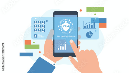 Customer Relationship Management (CRM) software concept, visualized with a smartphone displaying sales control and monitoring dashboards, client database interface, and growth charts, representing