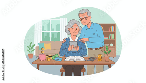 Elderly couple focused on managing home finances together, using a tablet and calculator, surrounded by savings like a piggy bank, coins, banknotes, and credit cards, representing financial planning