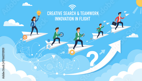 Creative search and teamwork innovation in flight, business people flying on paper airplanes in the sky, symbolizing progress, ideas, and collaboration, with a bright sun and clouds in the