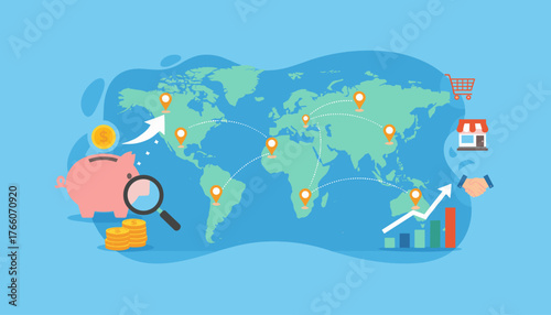 Global franchise business store shop concept with world map, piggy bank, coins, magnifying glass, growth chart, shopping cart, handshake, and location pins symbolizing investment, expansion, and