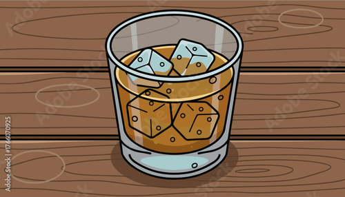 A close-up, top-down view of a clear glass filled with amber-colored whiskey and several large ice cubes, set against a rustic, brown wooden table surface with visible grain and subtle circular