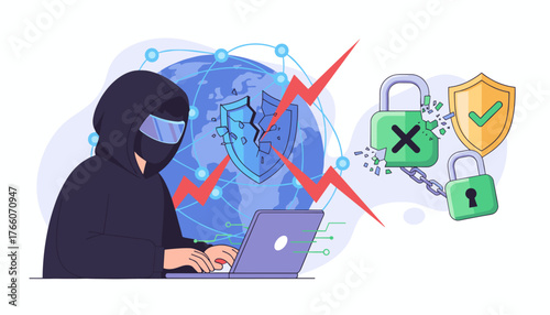 Anonymous hacker in a black hoodie and mask using a laptop on a global network background, with a broken shield and shattered locks symbolizing cyber security breach and data theft, digital crime