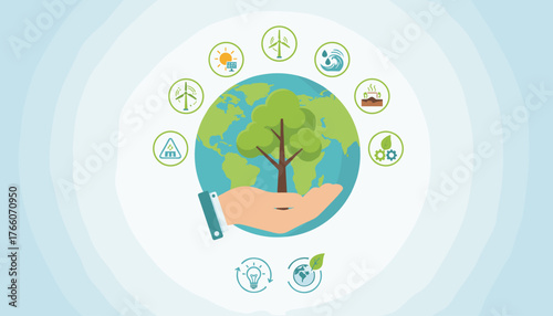 Conceptual illustration of environmental protection and sustainable energy sources, with a hand cradling the Earth and a tree, surrounded by icons representing wind power, solar energy, water, soil