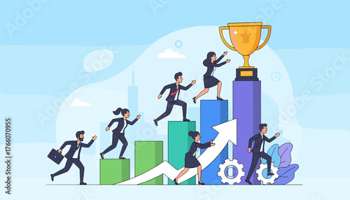 Diverse business professionals in suits ascend a vibrant bar graph, symbolizing growth and teamwork, towards a golden trophy, representing achievement and success in a modern cityscape.