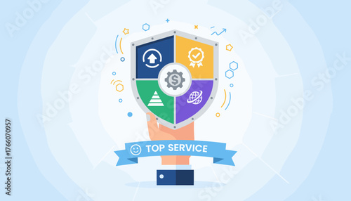 Hand holding a shield symbolizing top service, quality assurance, and business growth, with icons representing upward trends, certifications, global reach, and pyramid structures, set against a