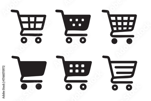 Six simple black silhouette shopping cart icons with different basket designs and wheel alignments on a white background.