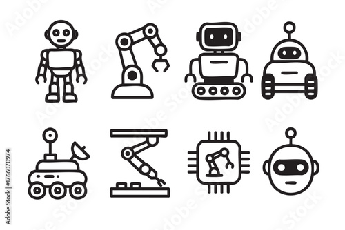 Set of black outline icons depicting various robotic and technological devices, including humanoid robots, robotic arms, a microchip, and a rover.