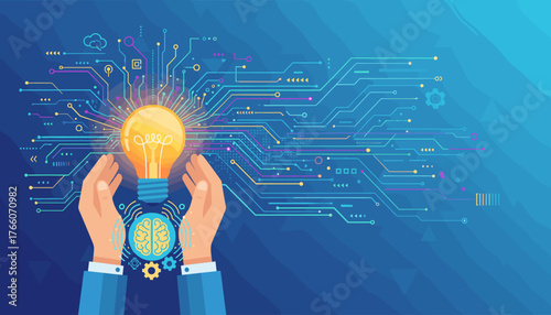 Conceptual illustration of hands cradling a glowing light bulb, symbolizing innovation, creativity, and bright ideas, set against a backdrop of intricate digital circuitry and a stylized brain