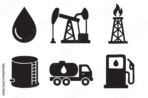 Black silhouette icons of oil industry elements, including a drop, pump jack, refinery, storage tank, tanker truck, and gas pump.