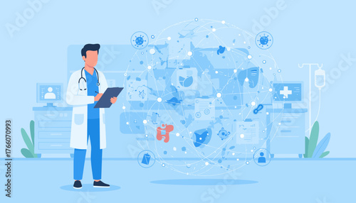 Global healthcare network visualization with a doctor analyzing data, representing medical analysis, digital health, and scientific research, interconnected medical icons and charts on a world map