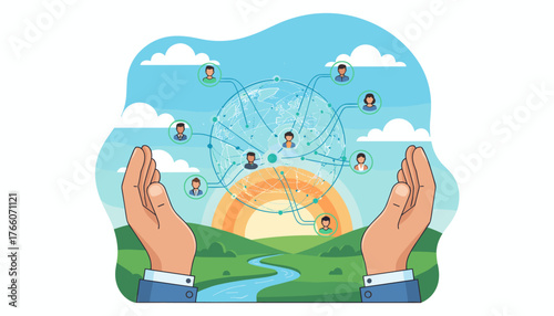 Hands cradling a glowing digital globe connecting diverse people worldwide, symbolizing global network, data sharing, and interconnectedness against a backdrop of a serene landscape with a sunrise