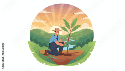 A dedicated farmer, wearing a hat and overalls, kneels to plant a young tropical tree in fertile soil, symbolizing growth and environmental care, with a serene river and lush green hills under a